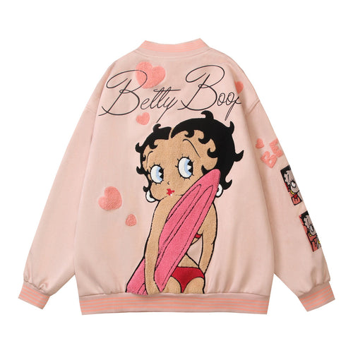 Cartoon Flocking Embroidery Unisex Loose Casual Baseball Jacket Coat