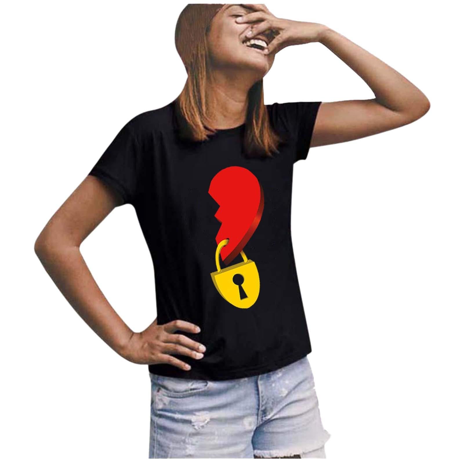 Love Lock and Key Print Short Sleeve Casual Loose Fit T-Shirt for Women and Men