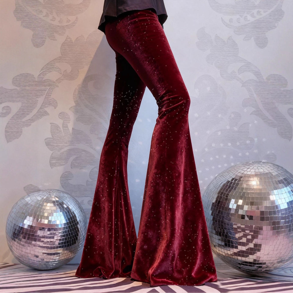 High-Waisted Slim-Fit Shiny Velvet Flared Trousers