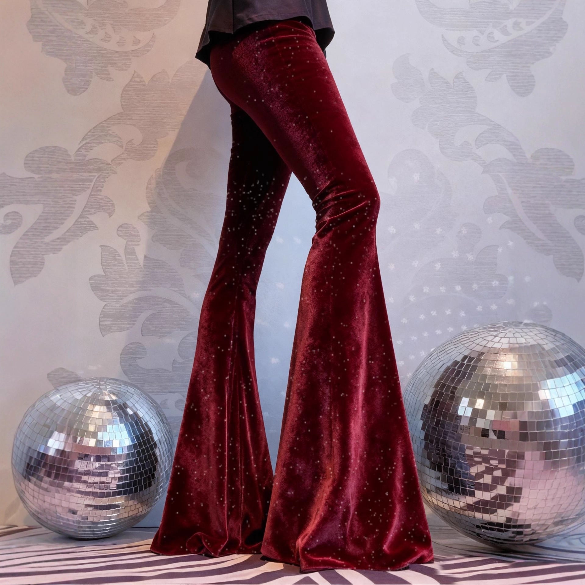 High-Waisted Slim-Fit Shiny Velvet Flared Trousers