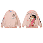 Cartoon Flocking Embroidery Unisex Loose Casual Baseball Jacket Coat