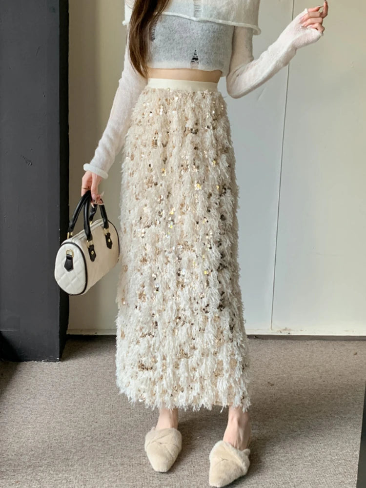 Sequins Skirts Autumn Winter Apricot  Women's Clothing Fashion Warm Skirt Straight Maxi Dress Long Skirts for Women