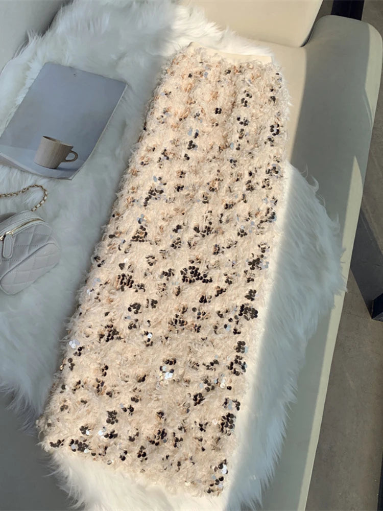 Sequins Skirts Autumn Winter Apricot  Women's Clothing Fashion Warm Skirt Straight Maxi Dress Long Skirts for Women
