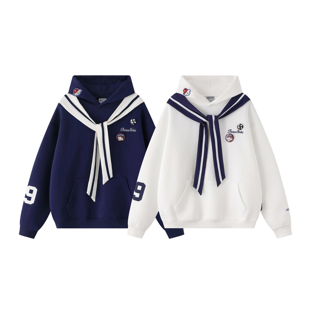 Embroidered Dog Patch Sailor Collar Hoodie