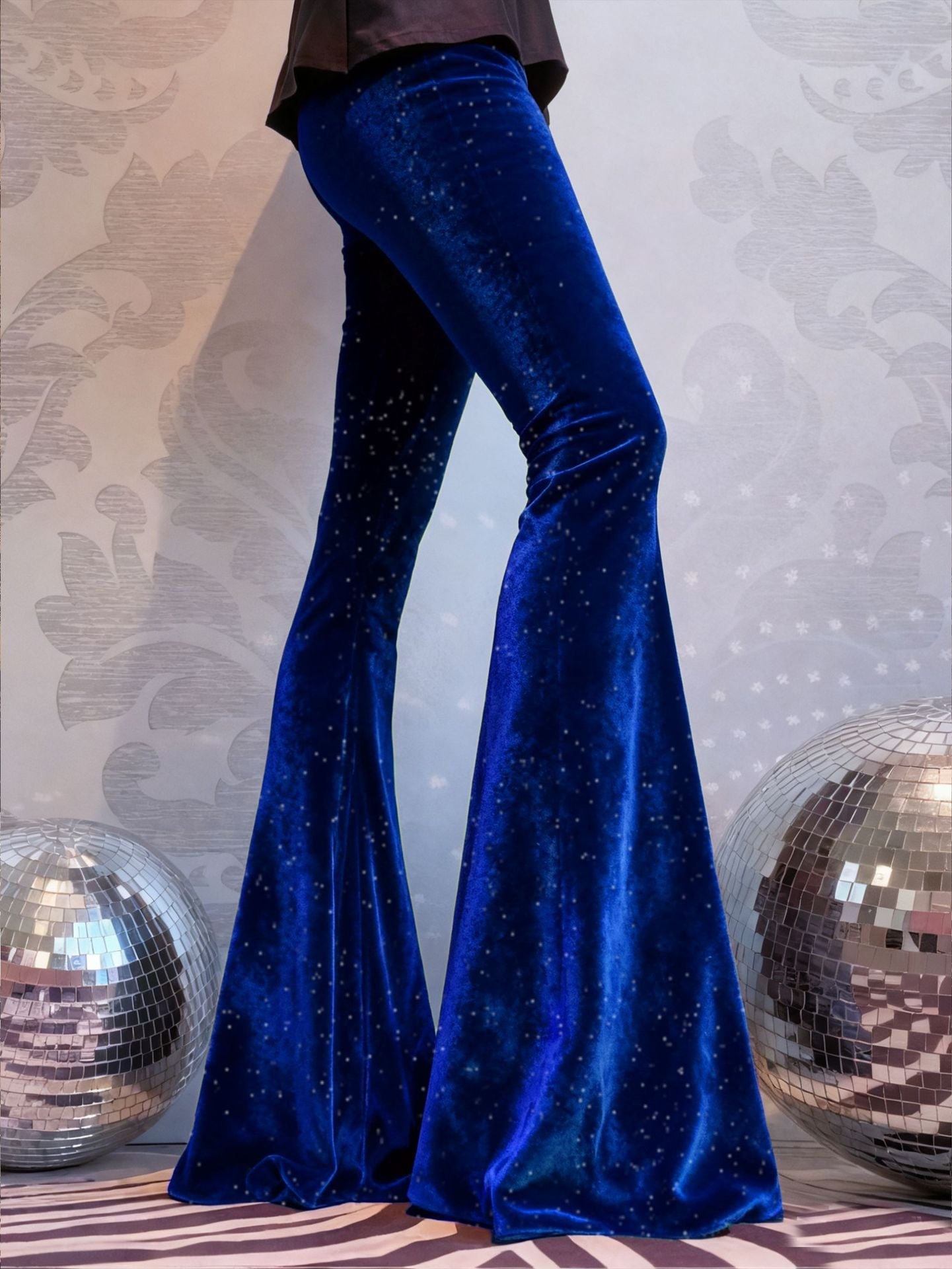 High-Waisted Slim-Fit Shiny Velvet Flared Trousers