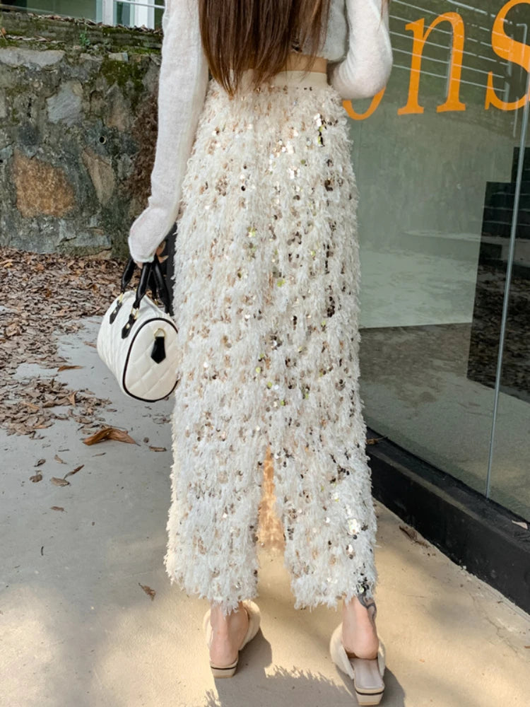 Sequins Skirts Autumn Winter Apricot  Women's Clothing Fashion Warm Skirt Straight Maxi Dress Long Skirts for Women