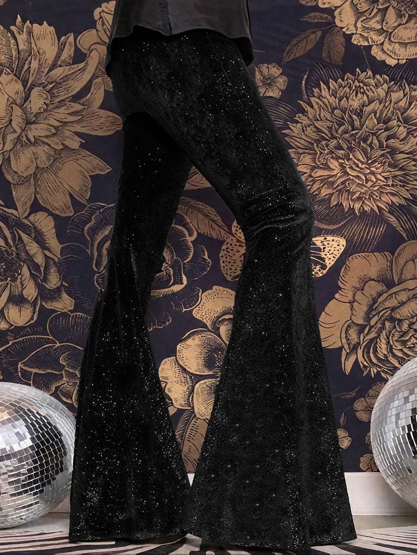 High-Waisted Slim-Fit Shiny Velvet Flared Trousers