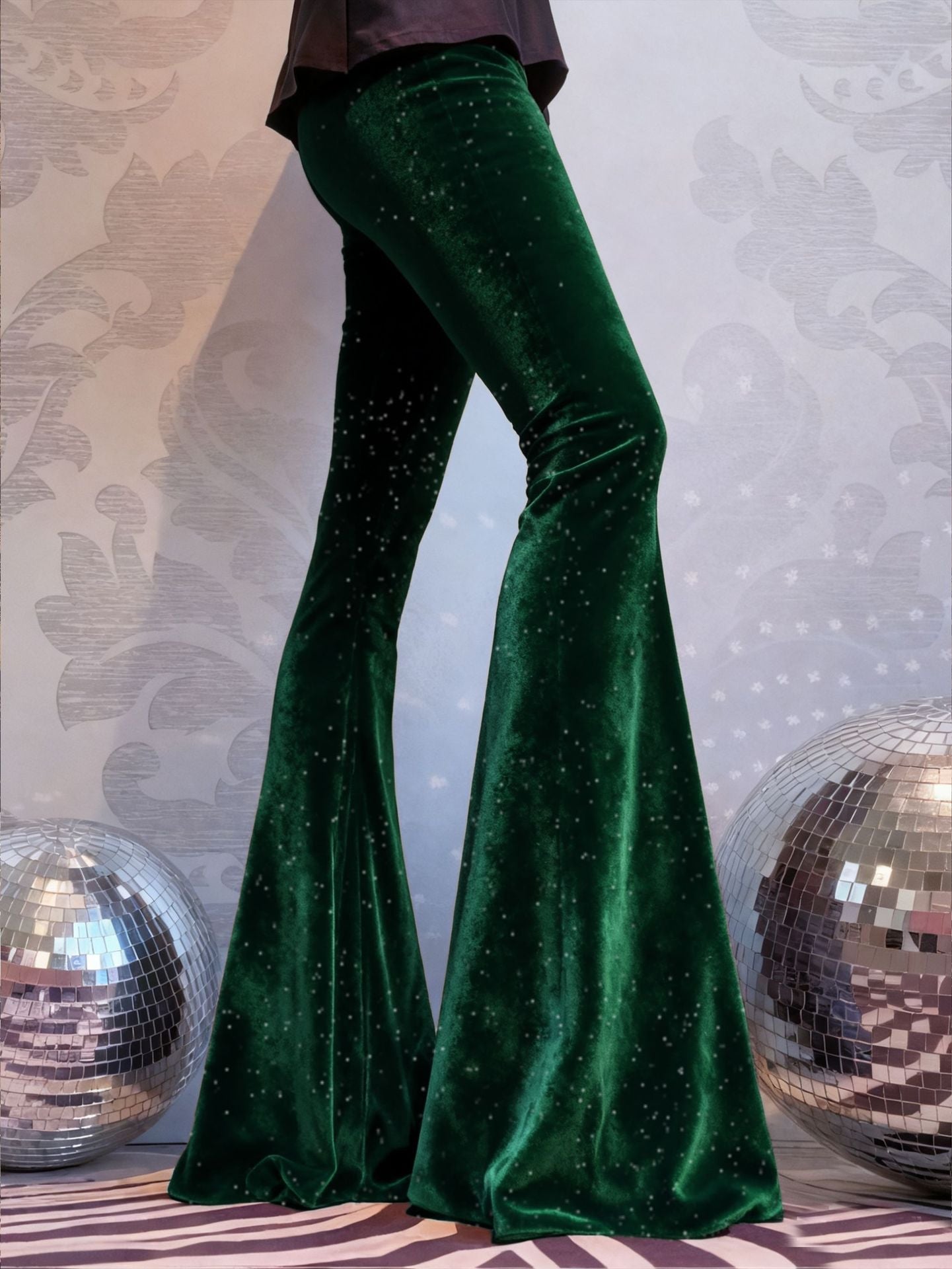 High-Waisted Slim-Fit Shiny Velvet Flared Trousers