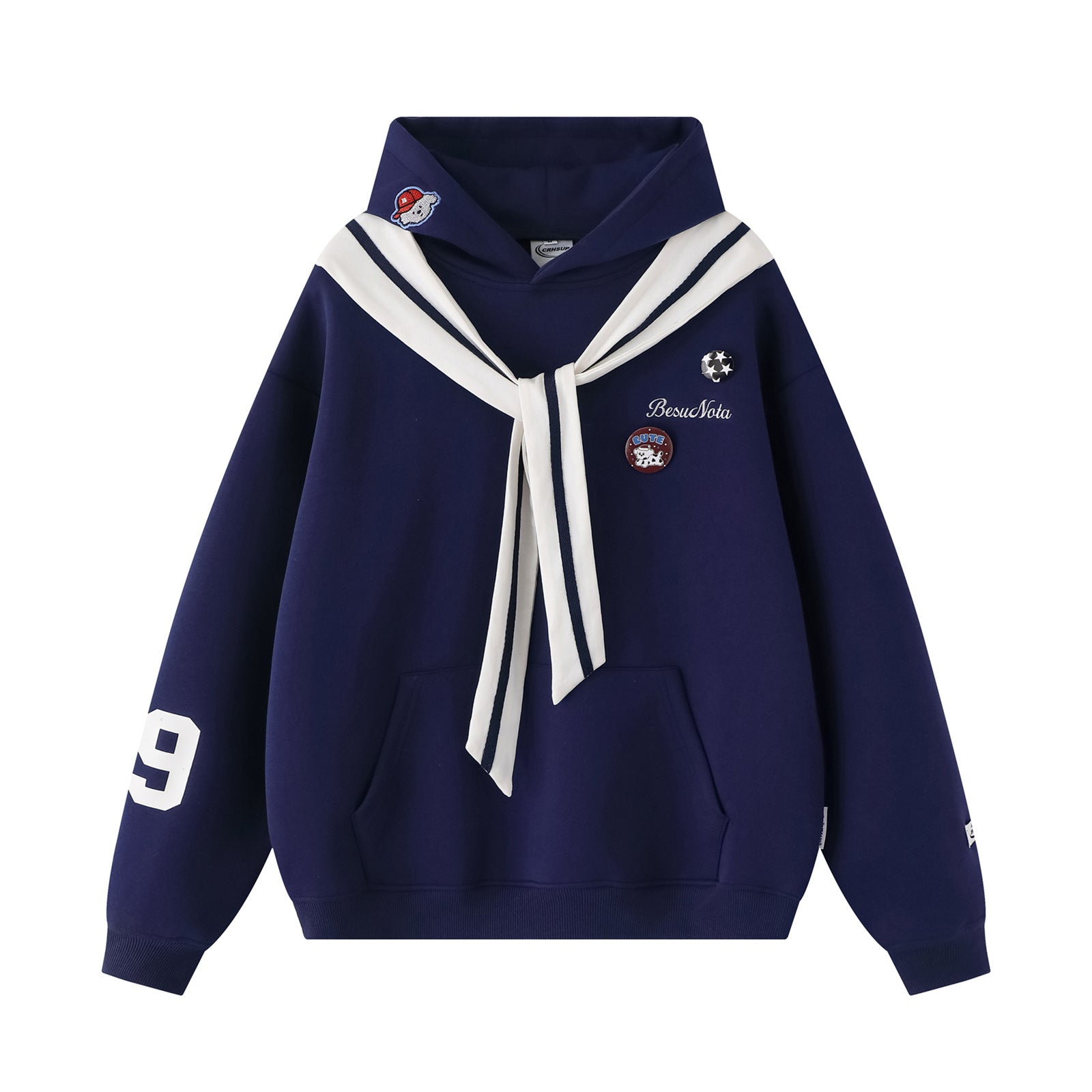 Embroidered Dog Patch Sailor Collar Hoodie