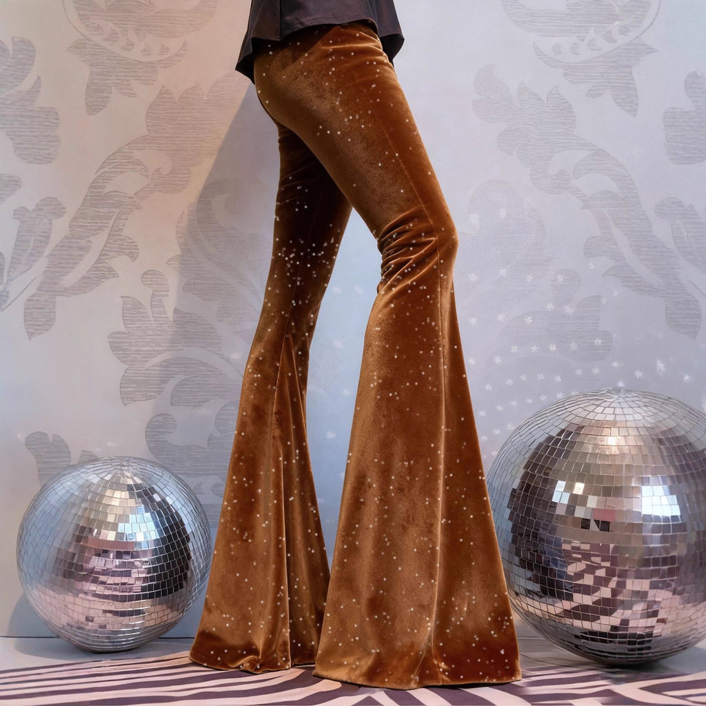 High-Waisted Slim-Fit Shiny Velvet Flared Trousers