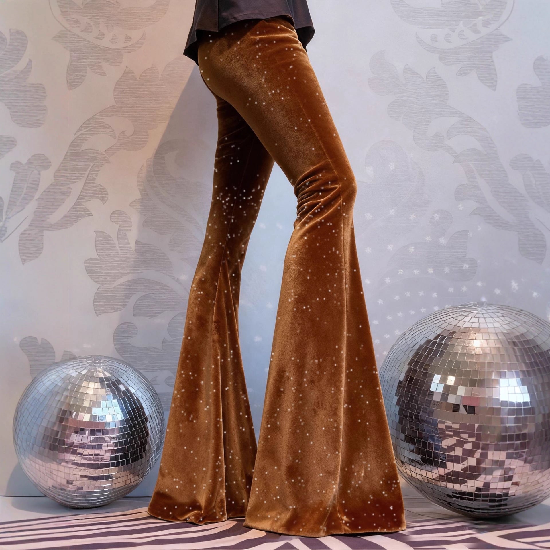 High-Waisted Slim-Fit Shiny Velvet Flared Trousers