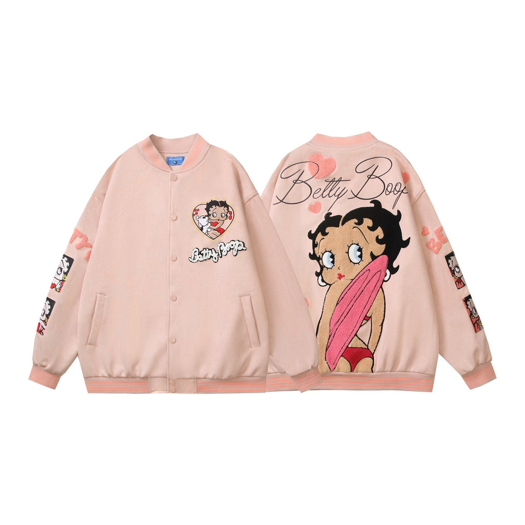 Cartoon Flocking Embroidery Unisex Loose Casual Baseball Jacket Coat