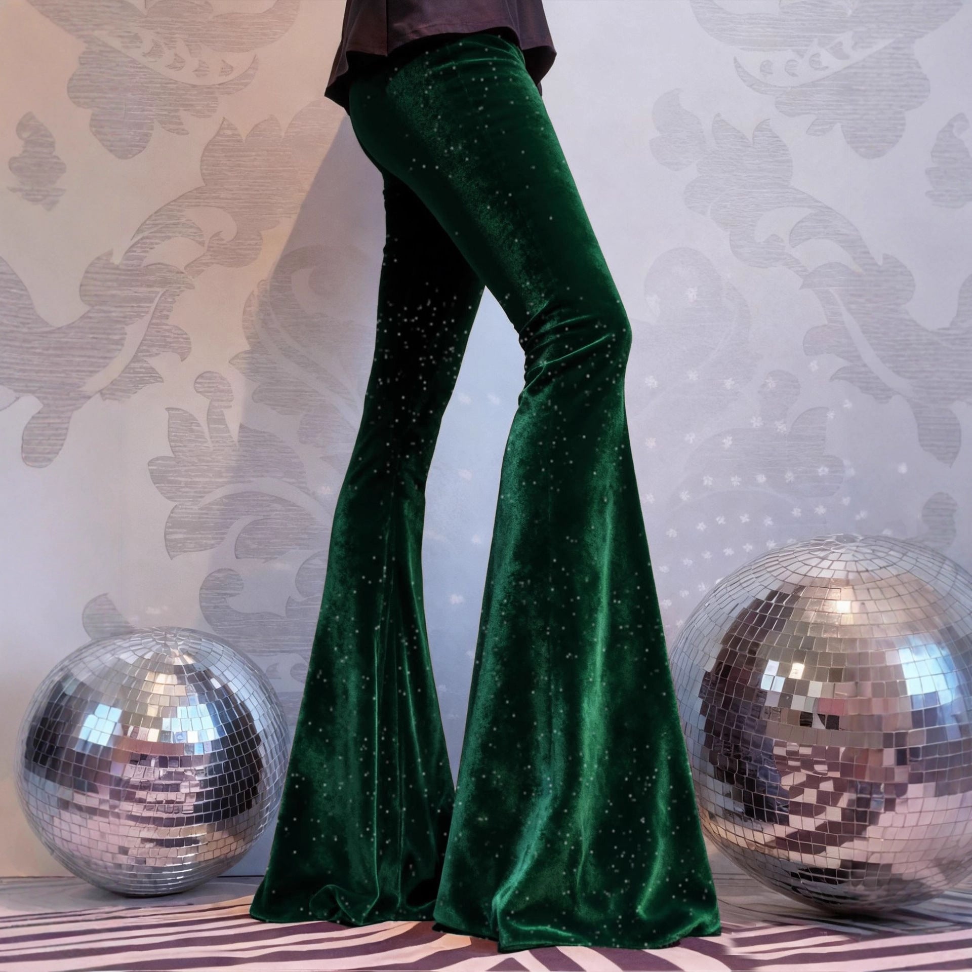 High-Waisted Slim-Fit Shiny Velvet Flared Trousers