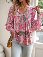 Printed V-neck lace up long sleeved shirt for women