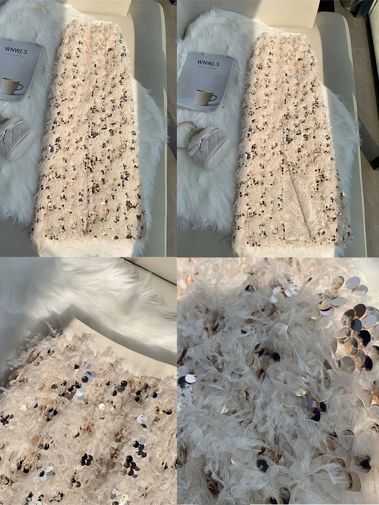 Sequins Skirts Autumn Winter Apricot  Women's Clothing Fashion Warm Skirt Straight Maxi Dress Long Skirts for Women