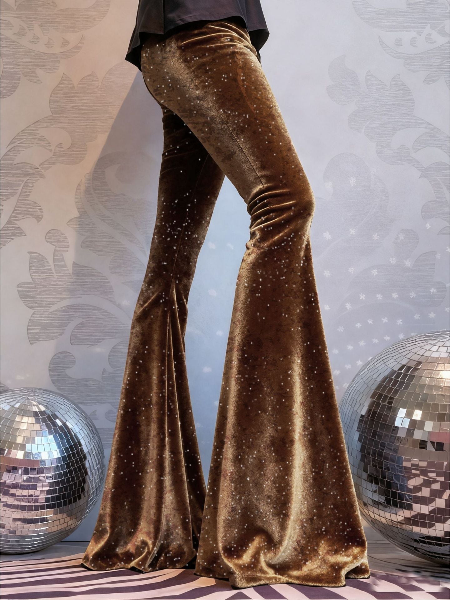 High-Waisted Slim-Fit Shiny Velvet Flared Trousers