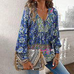 Printed V-neck lace up long sleeved shirt for women