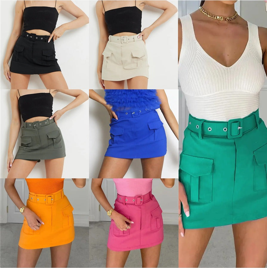 High Waist Fashion Casual Pocket Belt Decoration Women's Skirts