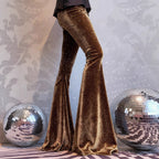 High-Waisted Slim-Fit Shiny Velvet Flared Trousers