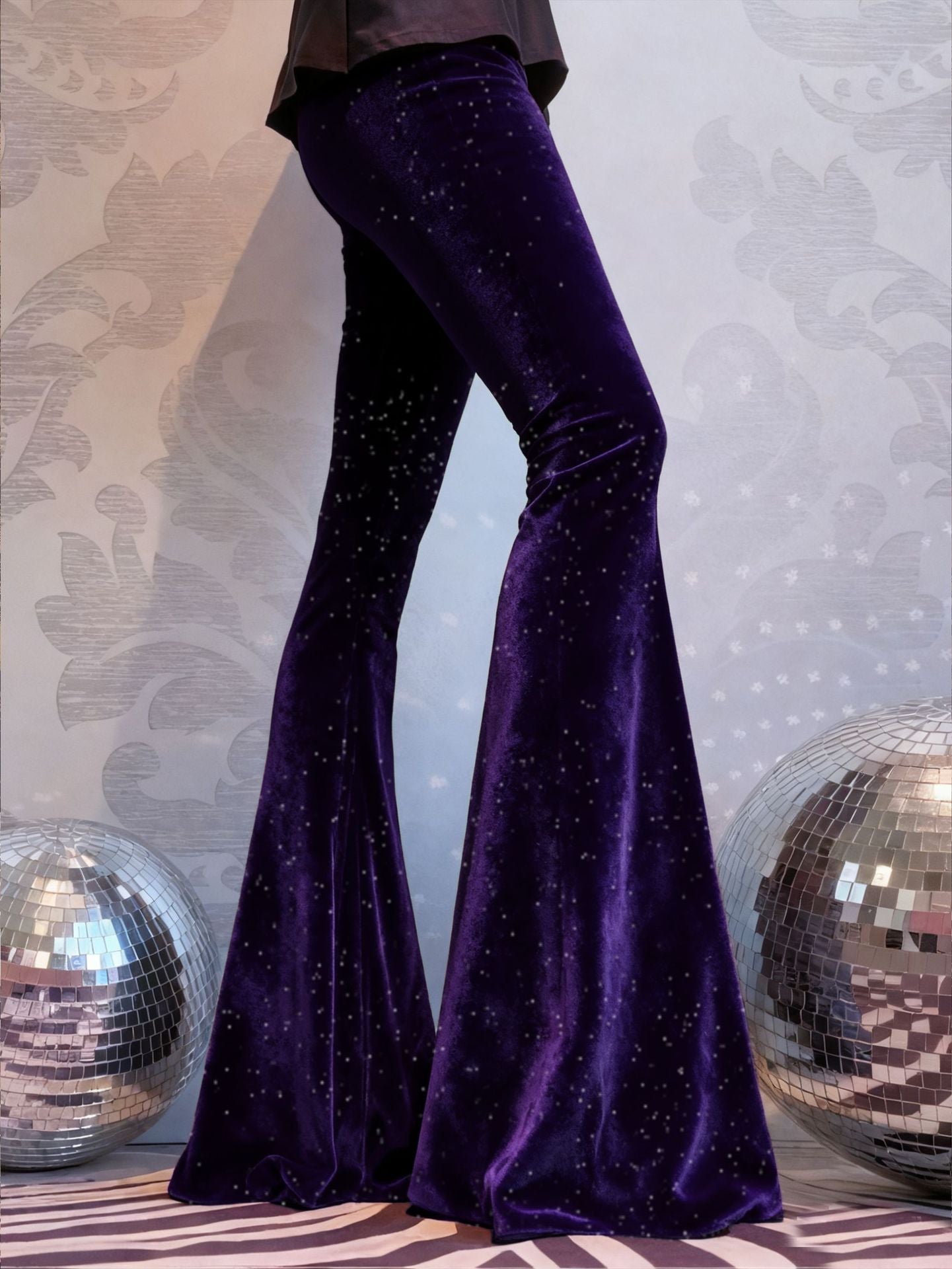 High-Waisted Slim-Fit Shiny Velvet Flared Trousers