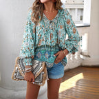 Printed V-neck lace up long sleeved shirt for women