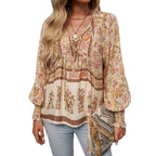 Printed V-neck lace up long sleeved shirt for women
