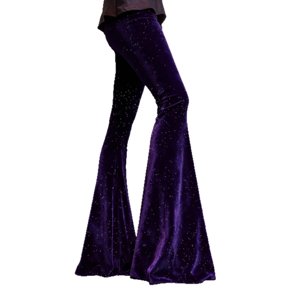 High-Waisted Slim-Fit Shiny Velvet Flared Trousers