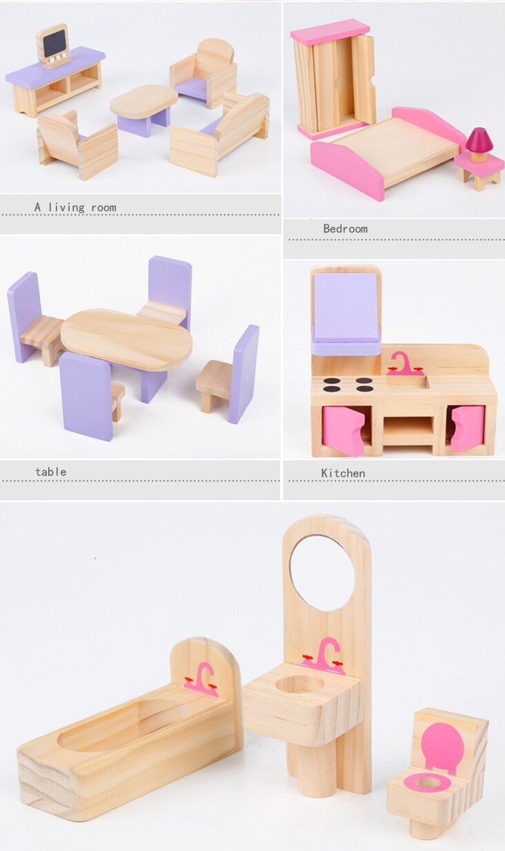 Wooden Dollhouse W/ Furniture - luvinly