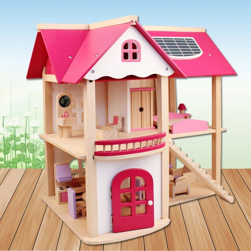 Wooden Dollhouse W/ Furniture - luvinly