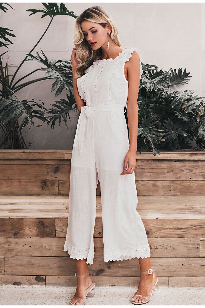 Linen Ruffled Embroidered Jumpsuit - luvinly