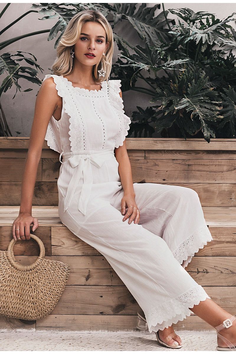 Linen Ruffled Embroidered Jumpsuit - luvinly